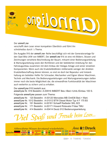 IMBERT Generator Anlage im Opel Blitz LKW Bauart Beschreibung Bedienungsanleitung Wartungsanleitung Sicherheit - annoligno 916